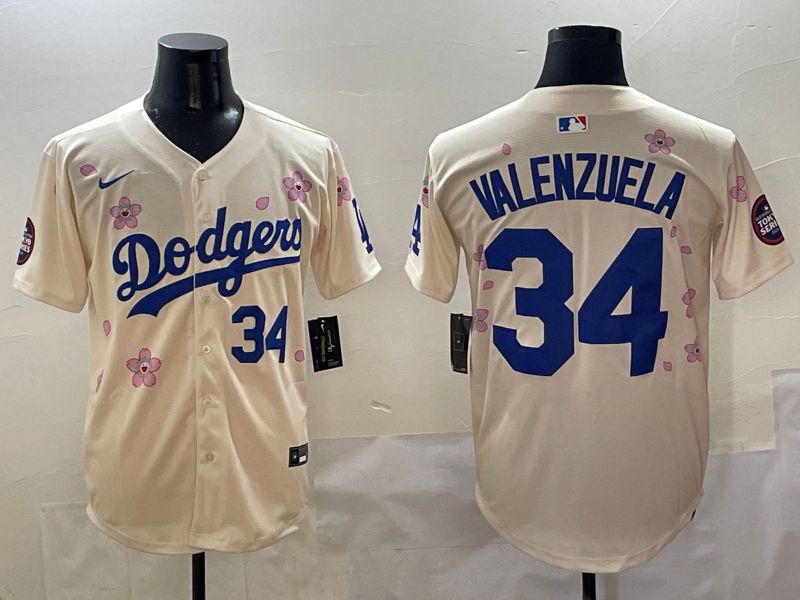 Men Los Angeles Dodgers #34 Valenzuela Cream White Blue Sakura Edition 2025 Nike MLB Jersey style 4